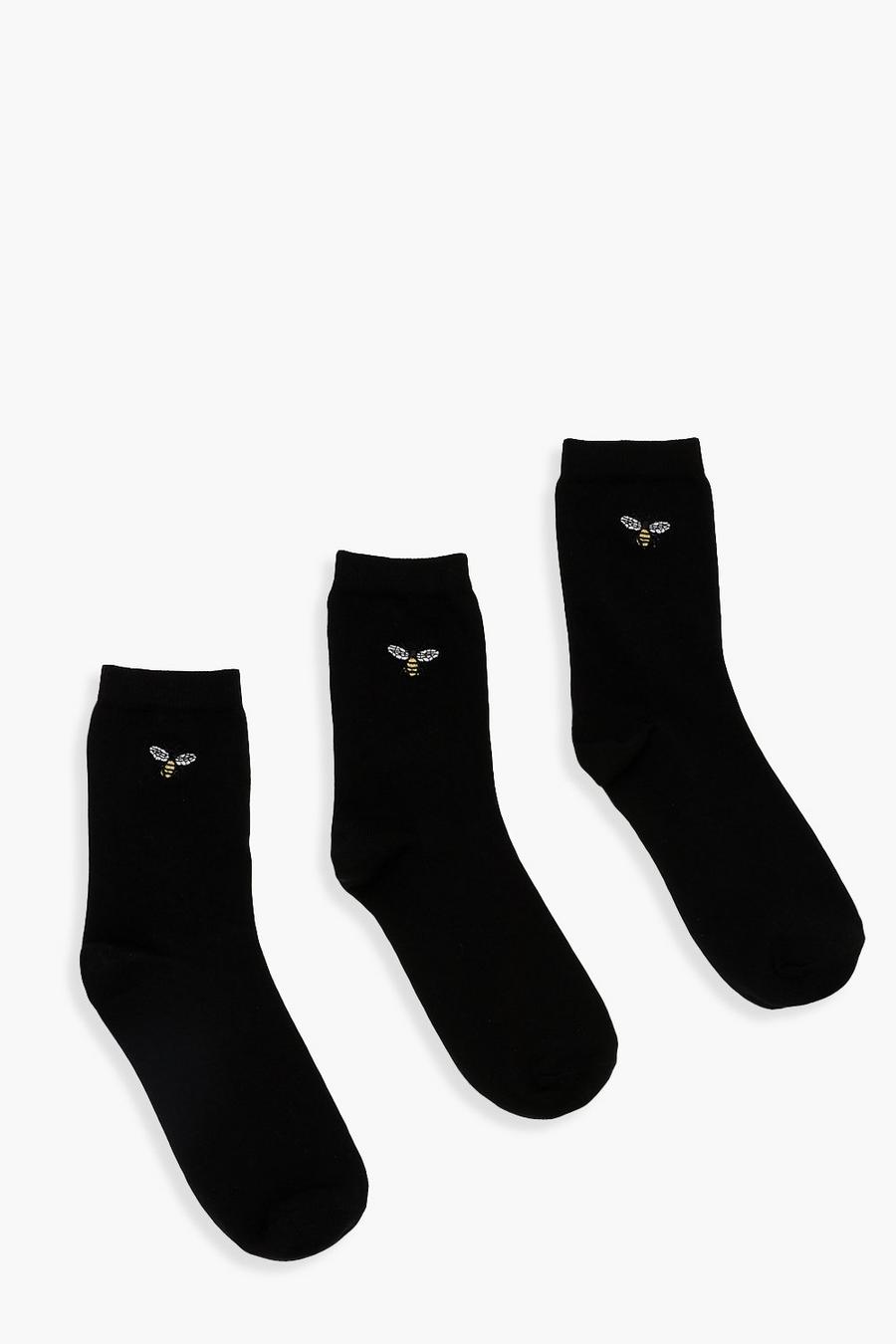 Pack de 3 pares de calcetines tobilleros con bordado de abejas, Negro image number 1