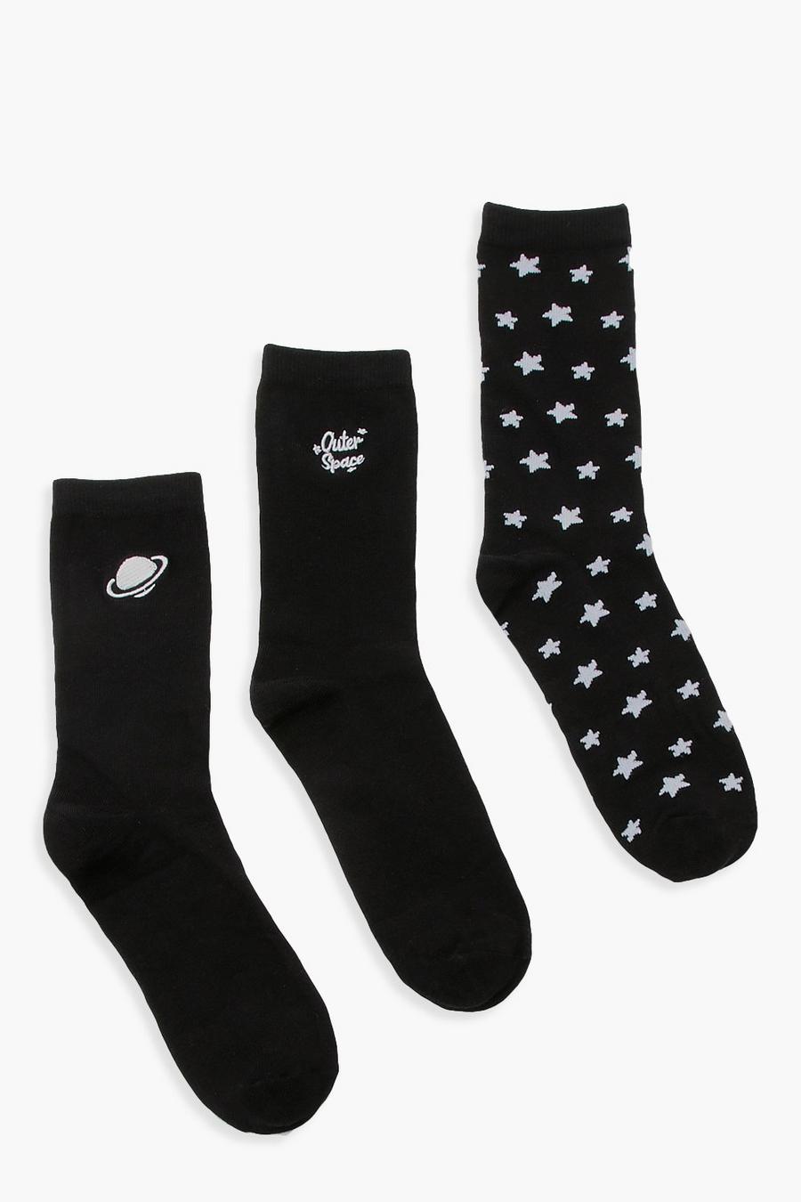 Black Embroidered Ankle Socks 3 Pack image number 1