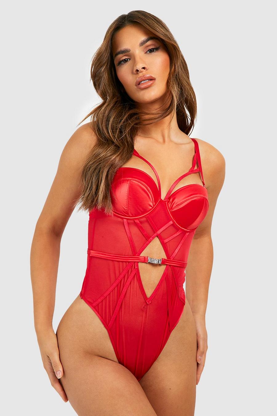 Red röd Premium Body i mesh med strass image number 1