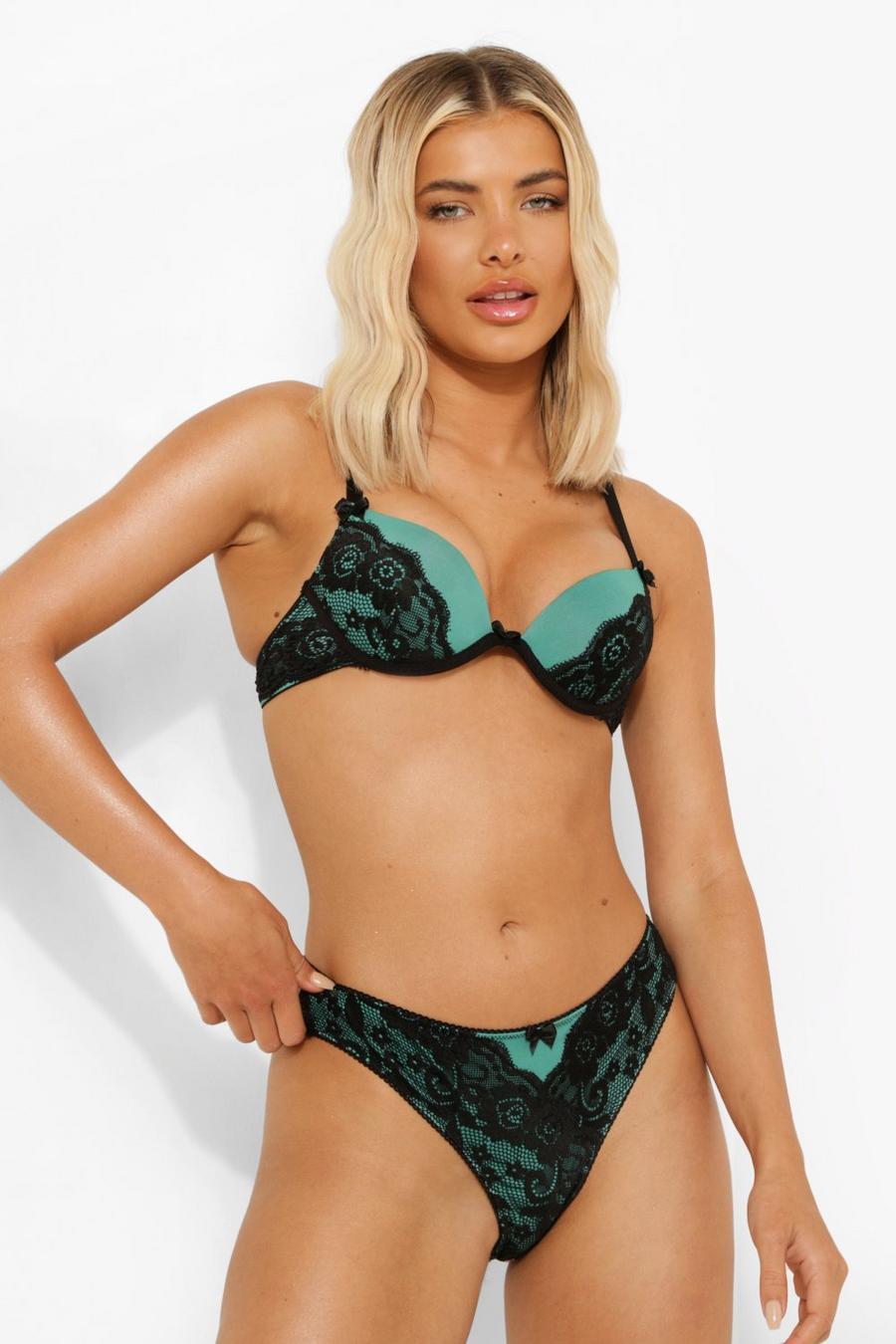 Green Jewel Tone Contrast Lace Super Push Up Bra image number 1