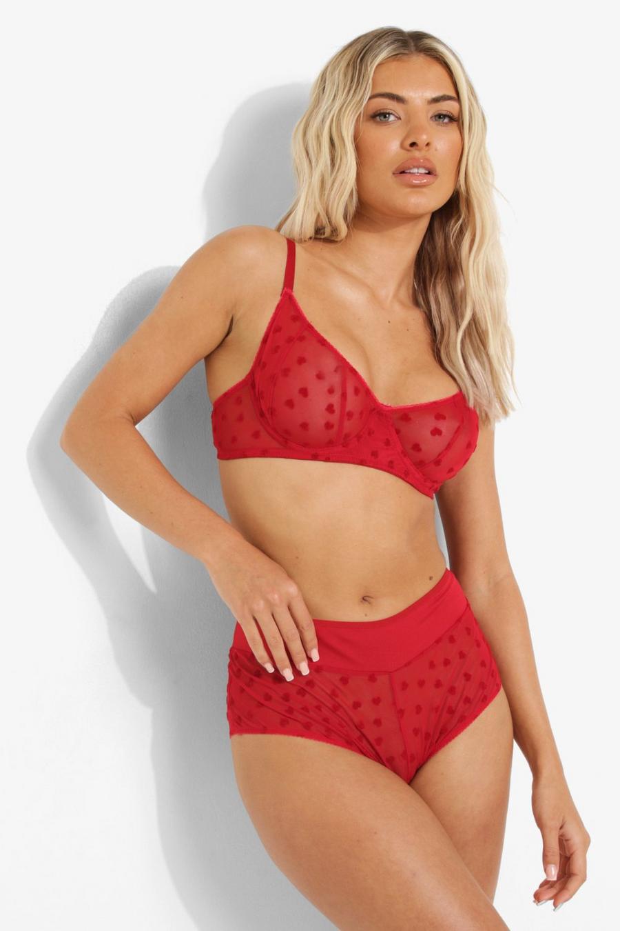 Red Heart Mesh Embroidery Underwire Bra image number 1