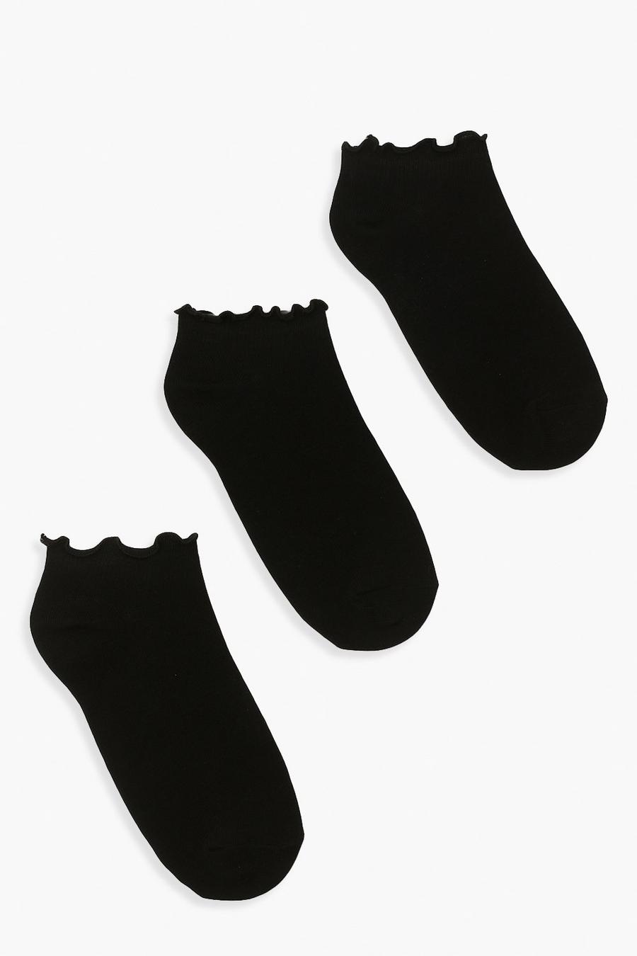 Black 3 Pack Ribbed Frilled Trim Sneakers Socks image number 1