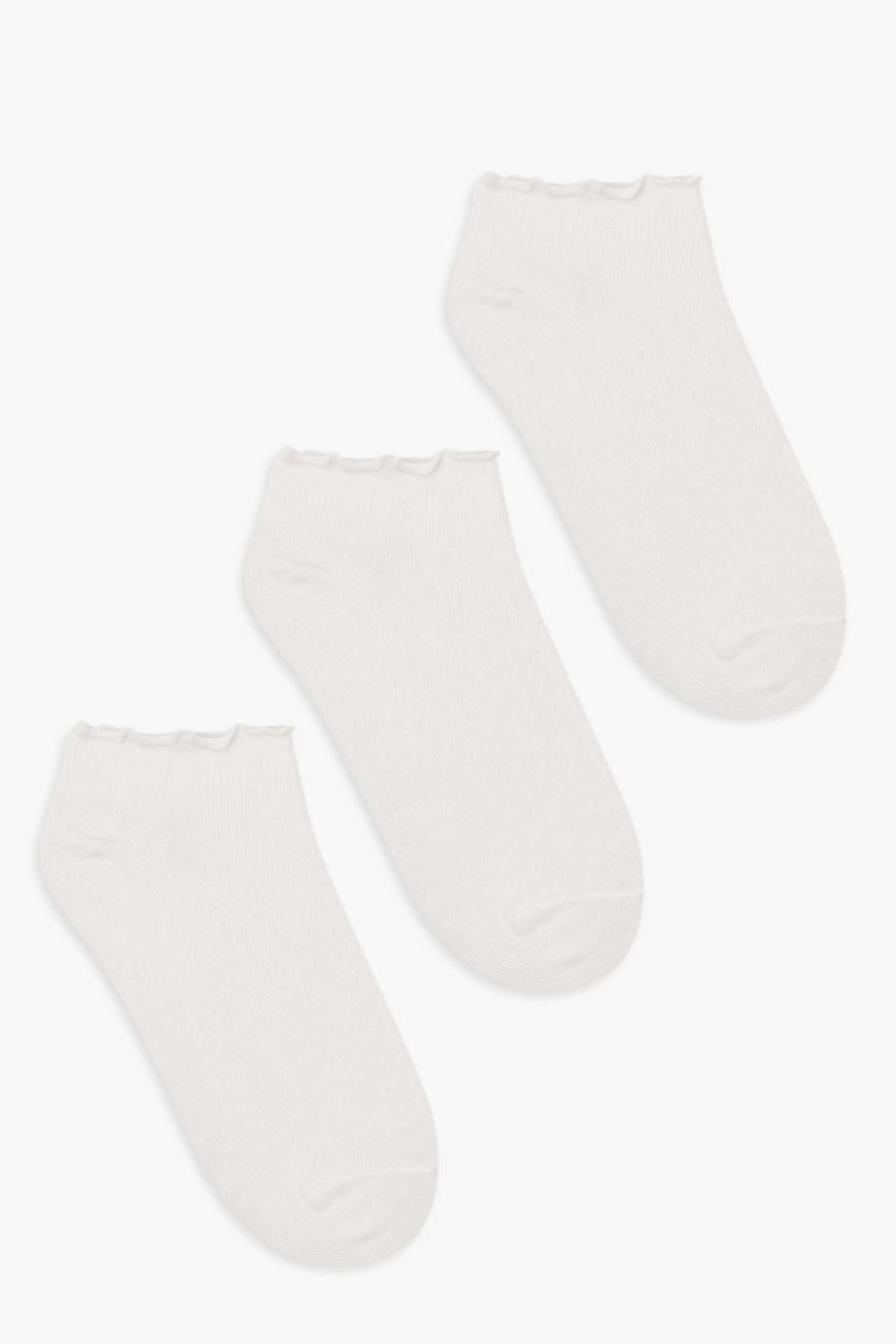 White 3 Pack Ribbed Frilled Trim Sneakers Socks image number 1