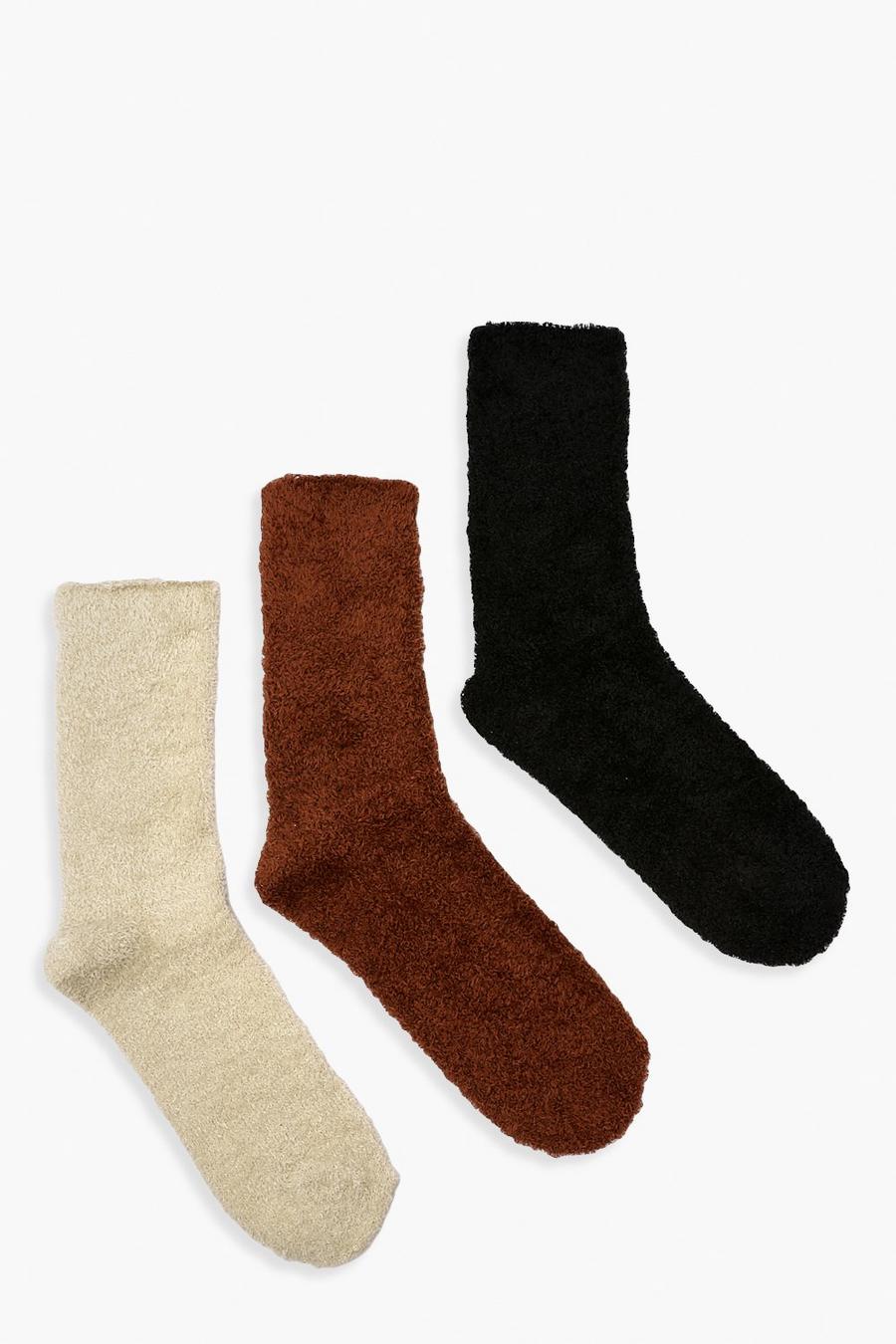 3er-Pack flauschige Socken in Schokoladen-Tönen, Brown image number 1