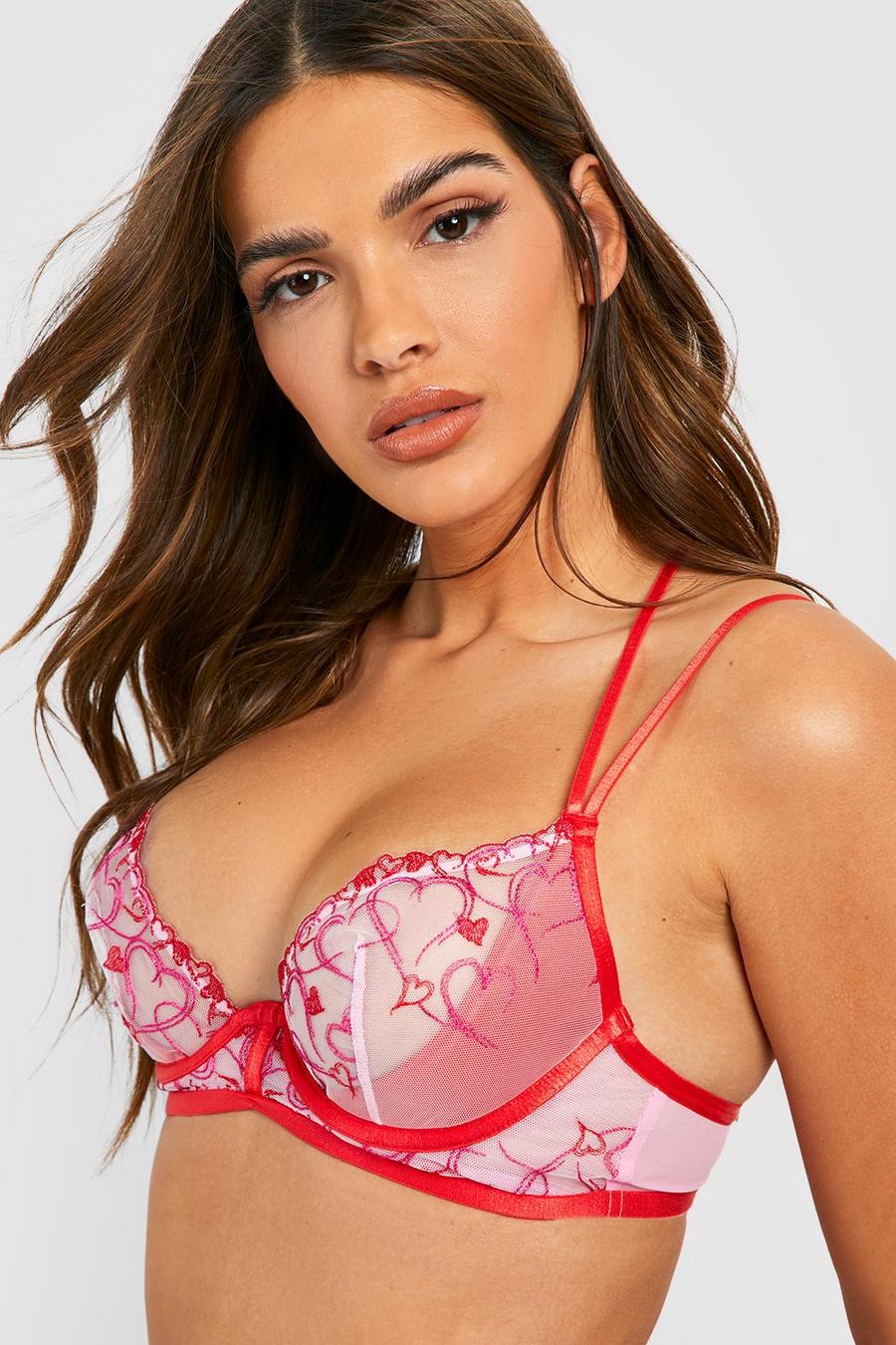 Pink Heart Embroidery Under Wired Bra image number 1