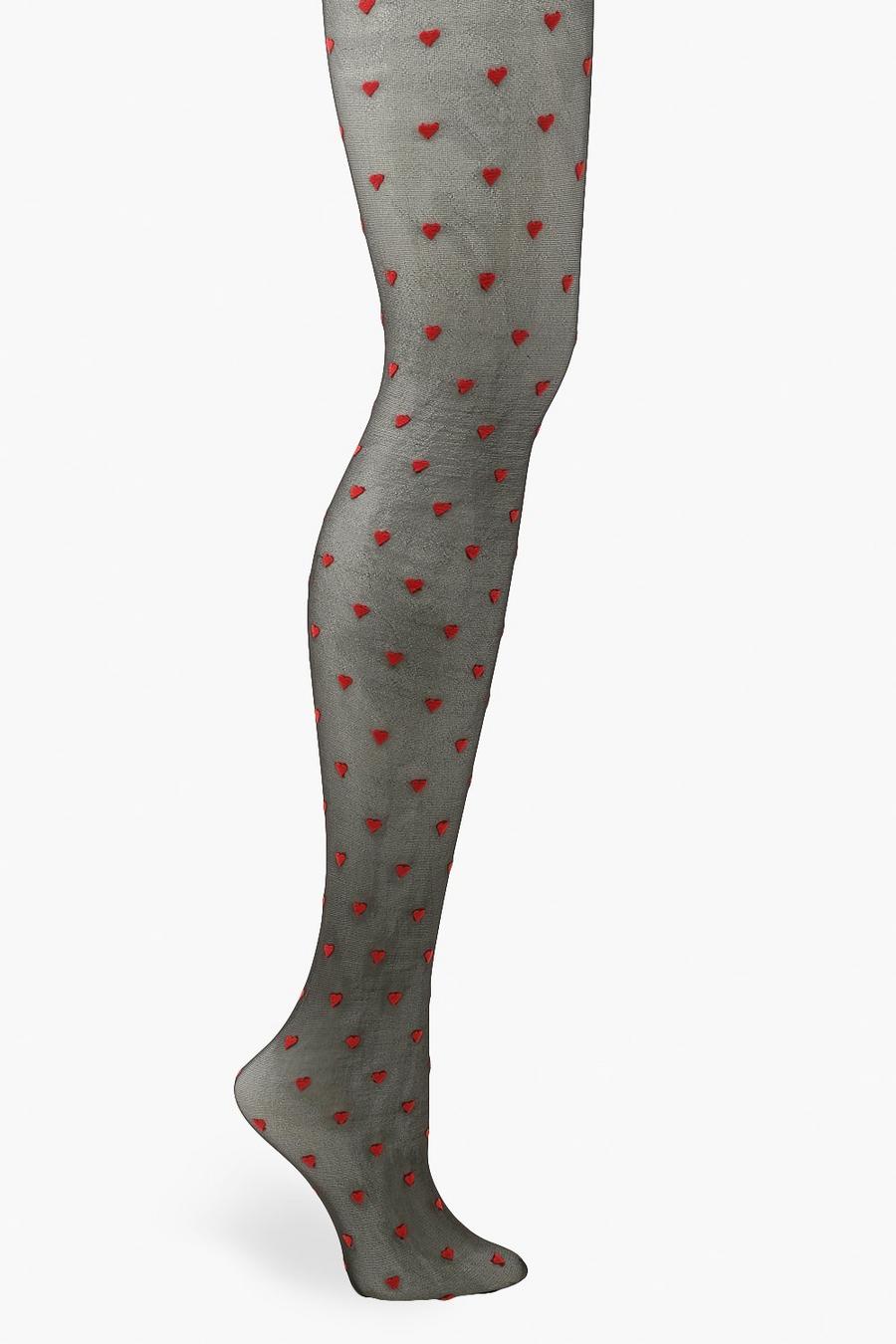 Black Small Red Heart Print Sheer Tights image number 1