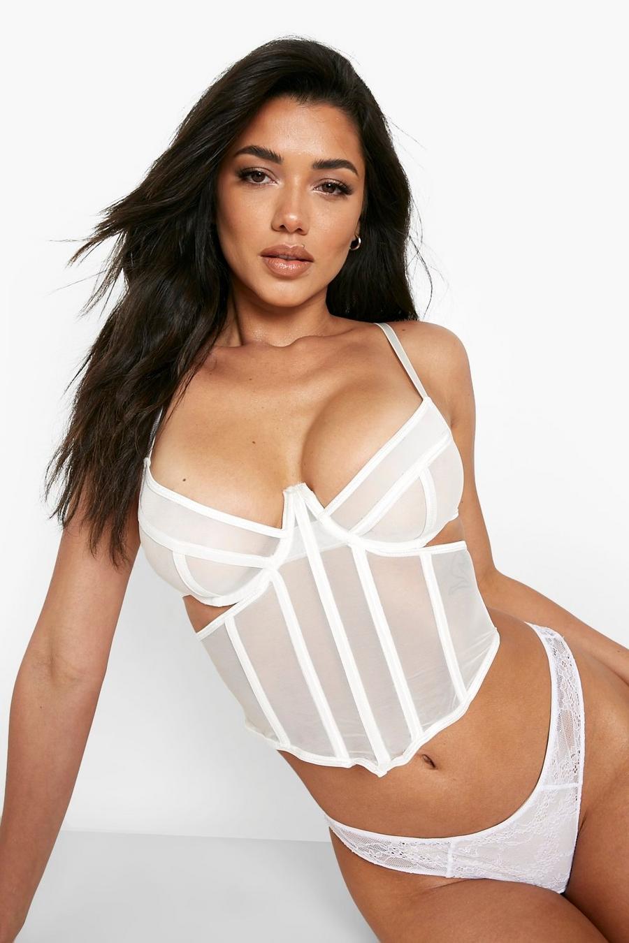 White Mesh Caged Corset Bra Top image number 1