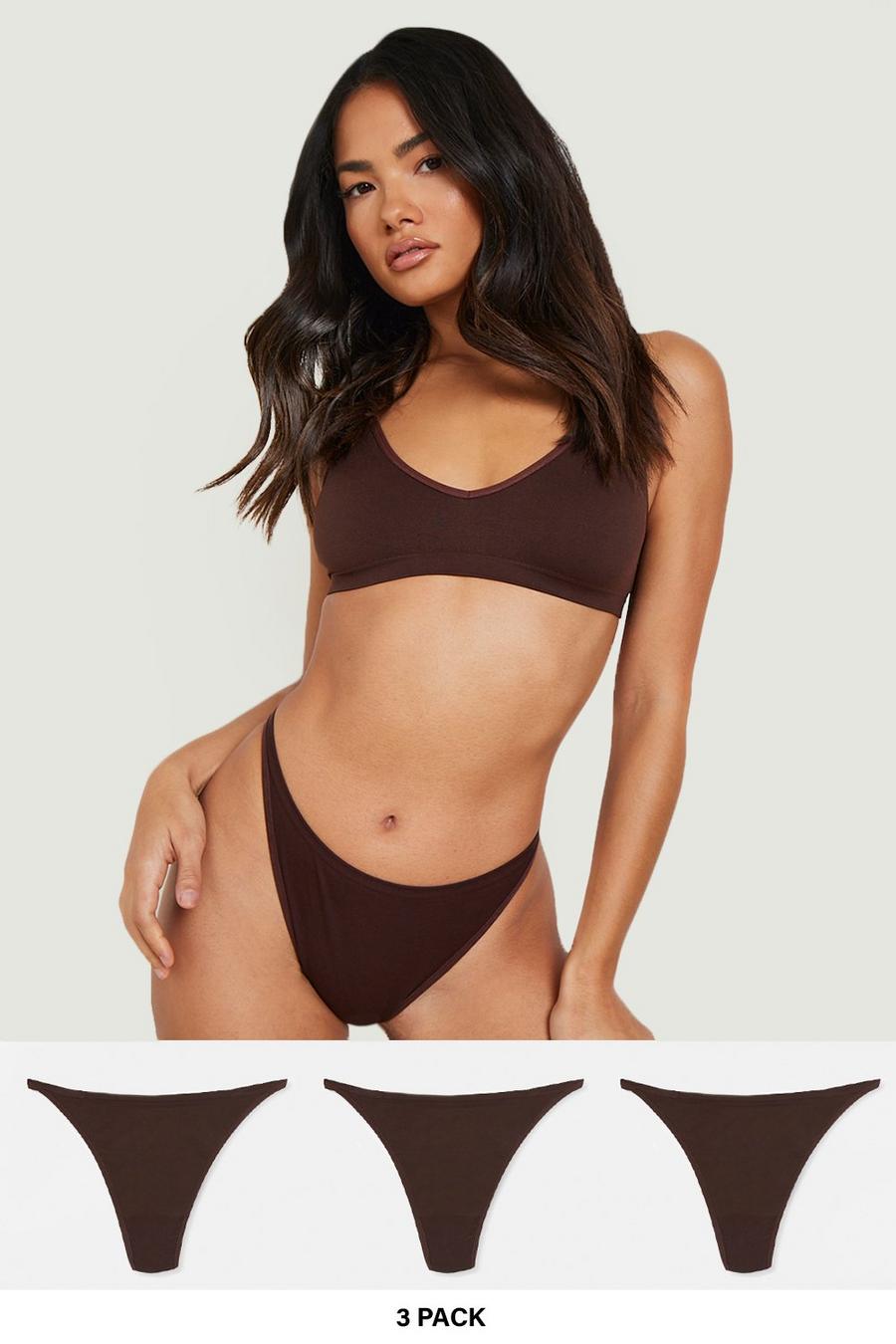 Chocolate brun Second Skin 3 Pack Dip Front Seamfree Thong image number 1