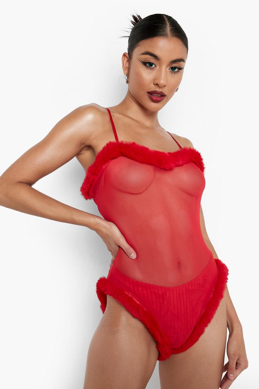 Red Valentines Faux Fur And Mesh Bodysuit image number 1