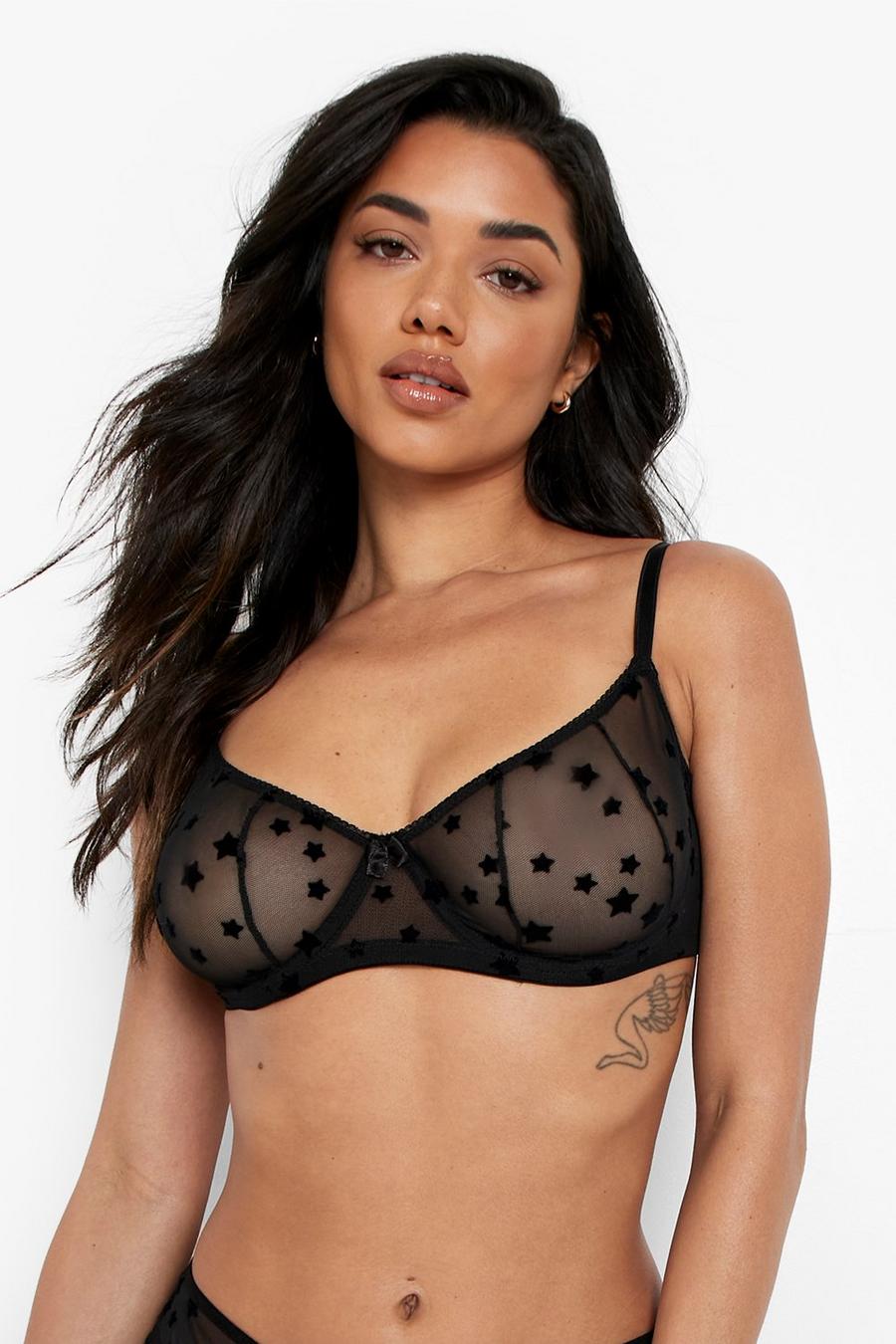 Black Star Mesh Embroidery Underwire Bra image number 1