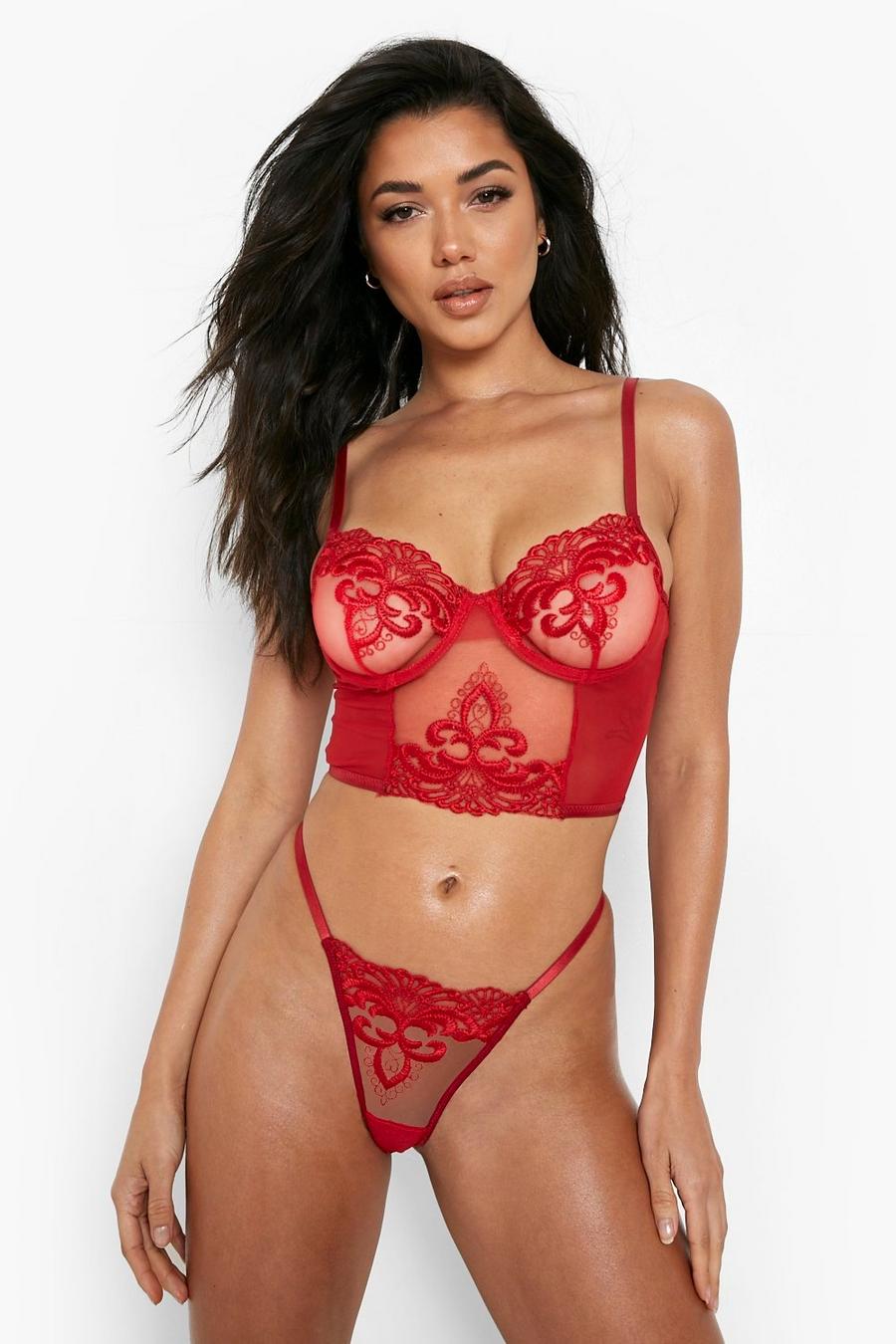Red Embroidered Mesh Longline Bralet & Thong image number 1