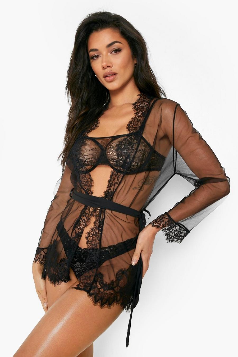 Black Lace Trim Sheer Robe With Satin Tie image number 1