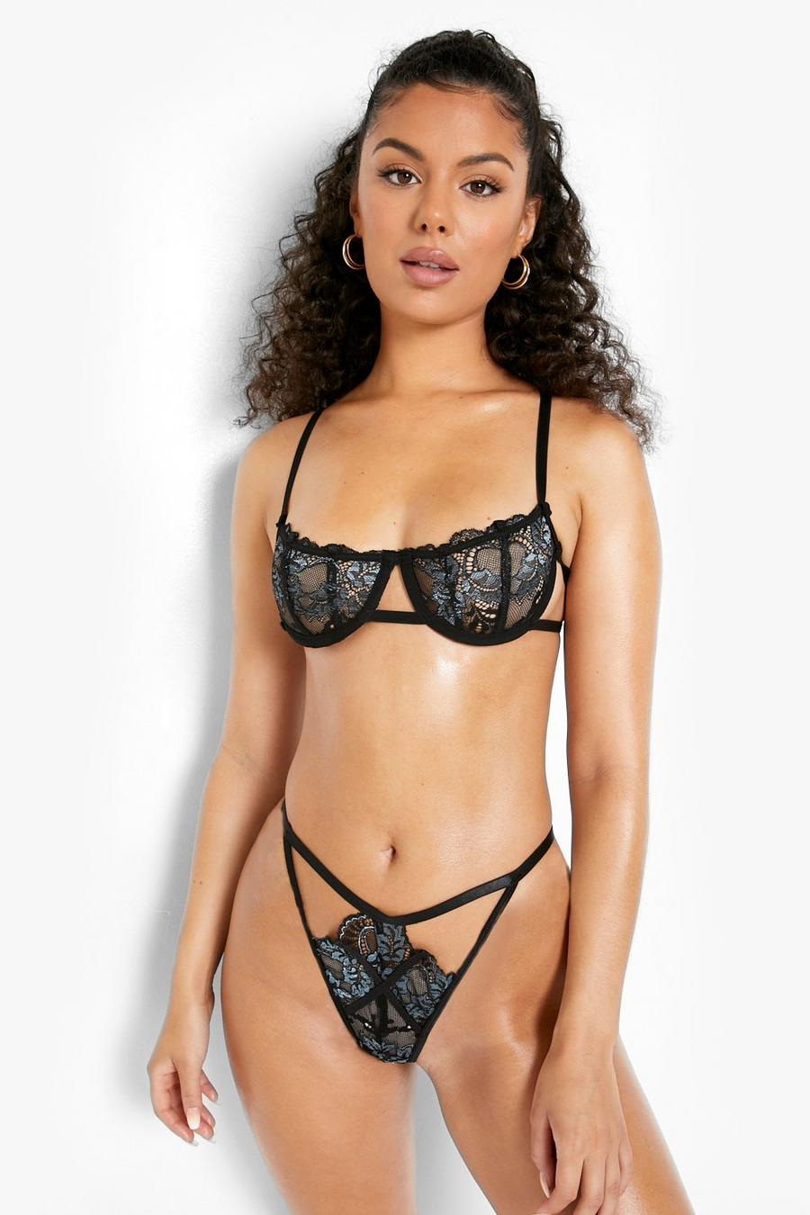 Black Metallic Lace Cut Out Bra And Thong Set image number 1