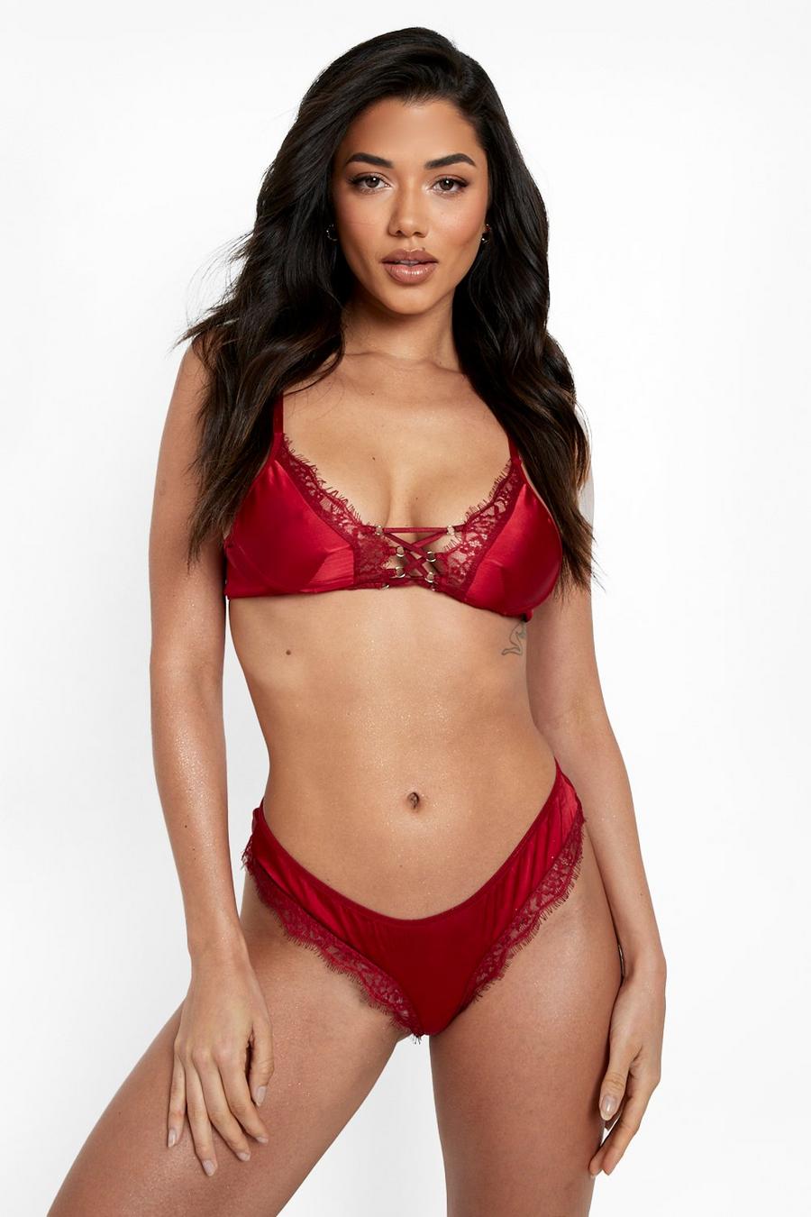 Red Satin Lace Up Bralet And Thong Set image number 1