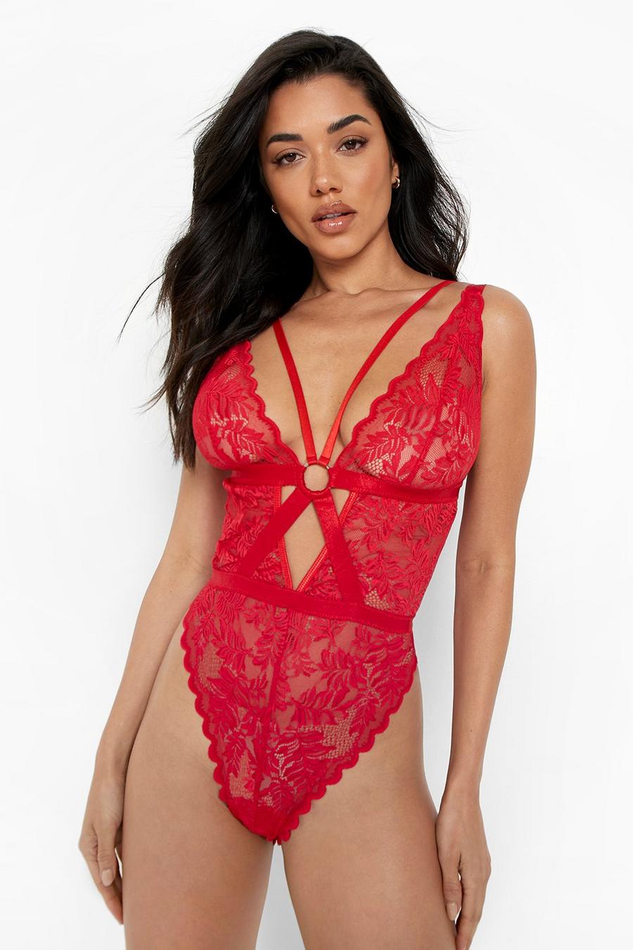Red Strapping Plunge Bodysuit image number 1