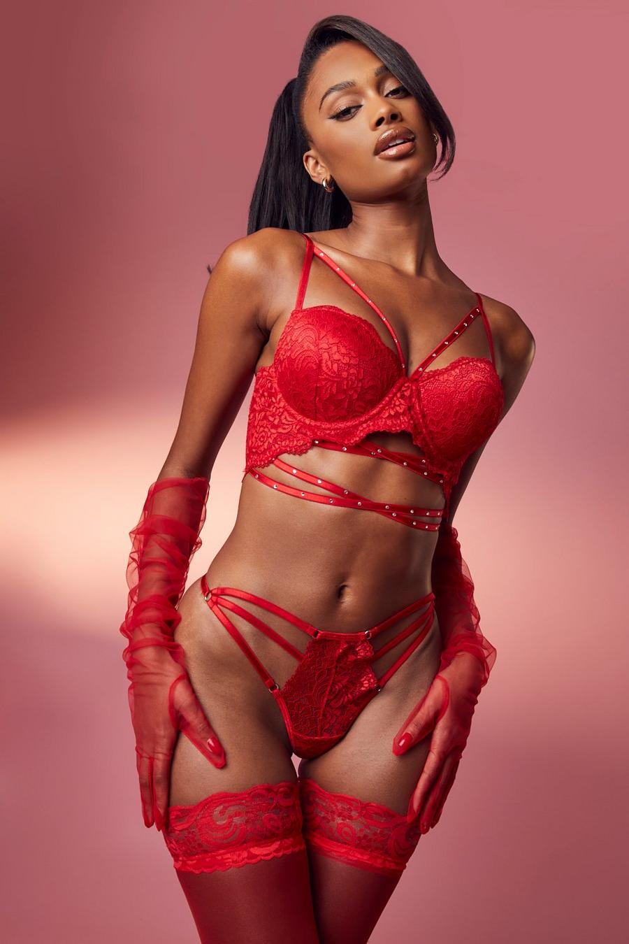 Red Strapping And Diamante Lace Super Push Up Bra image number 1