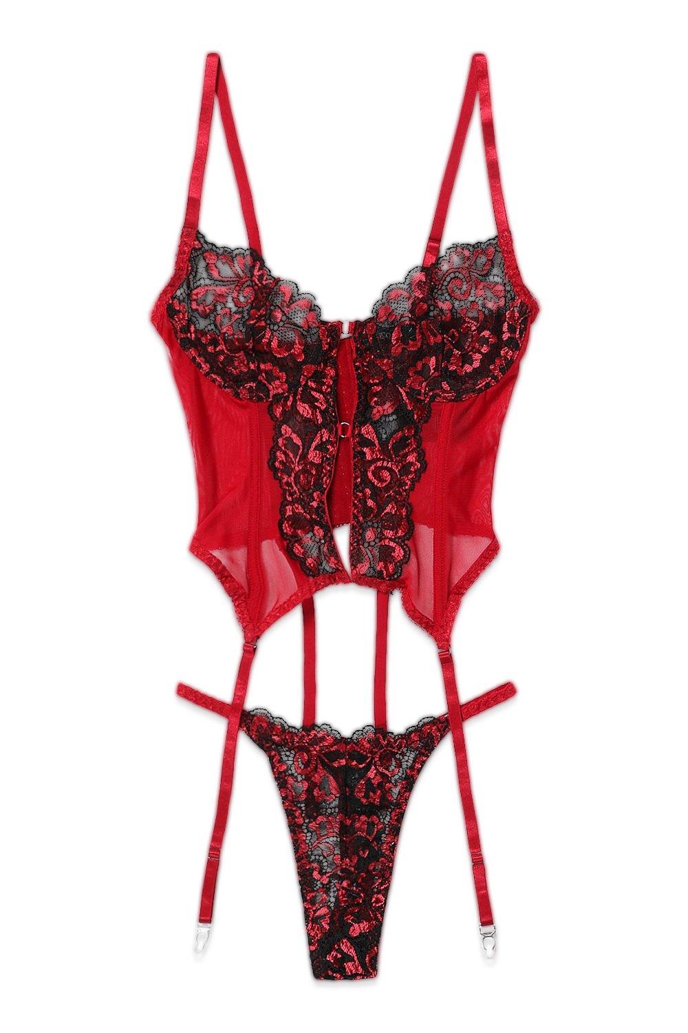 Contrast Lace Cut Out Basque And Thong Set