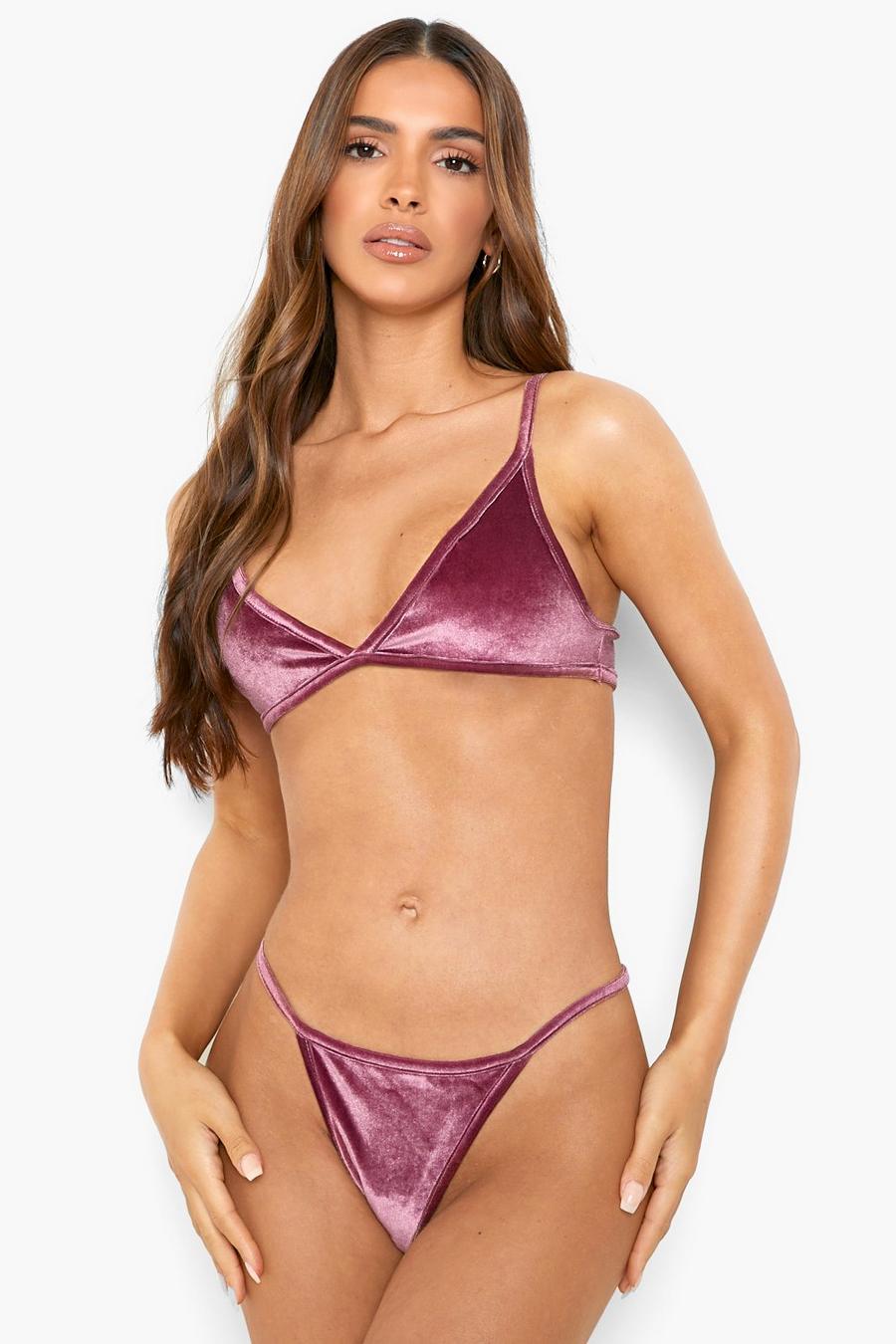 Ensemble de lingerie en velours avec soutien-gorge triangle et string, Berry image number 1