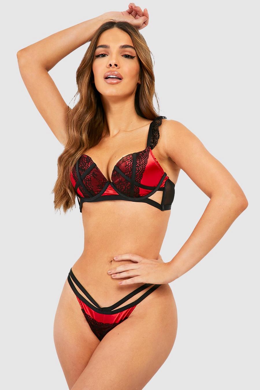 Red Contrast Strapping Push Up Bra image number 1