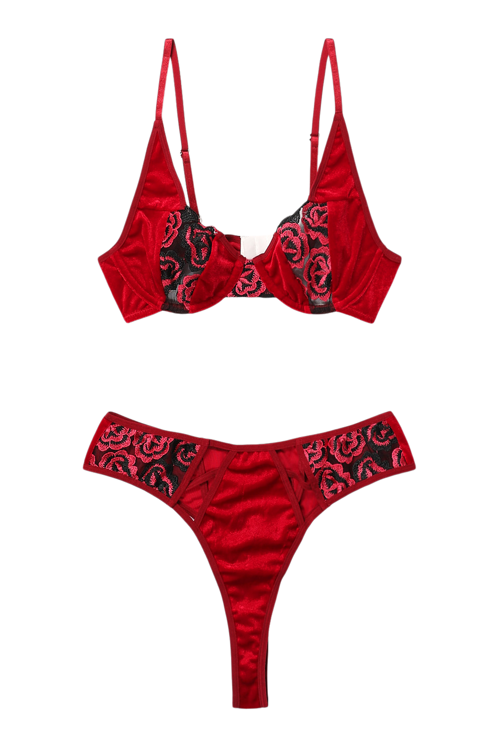 Velvet Embroidered Bra & Heart Cut Out Thong