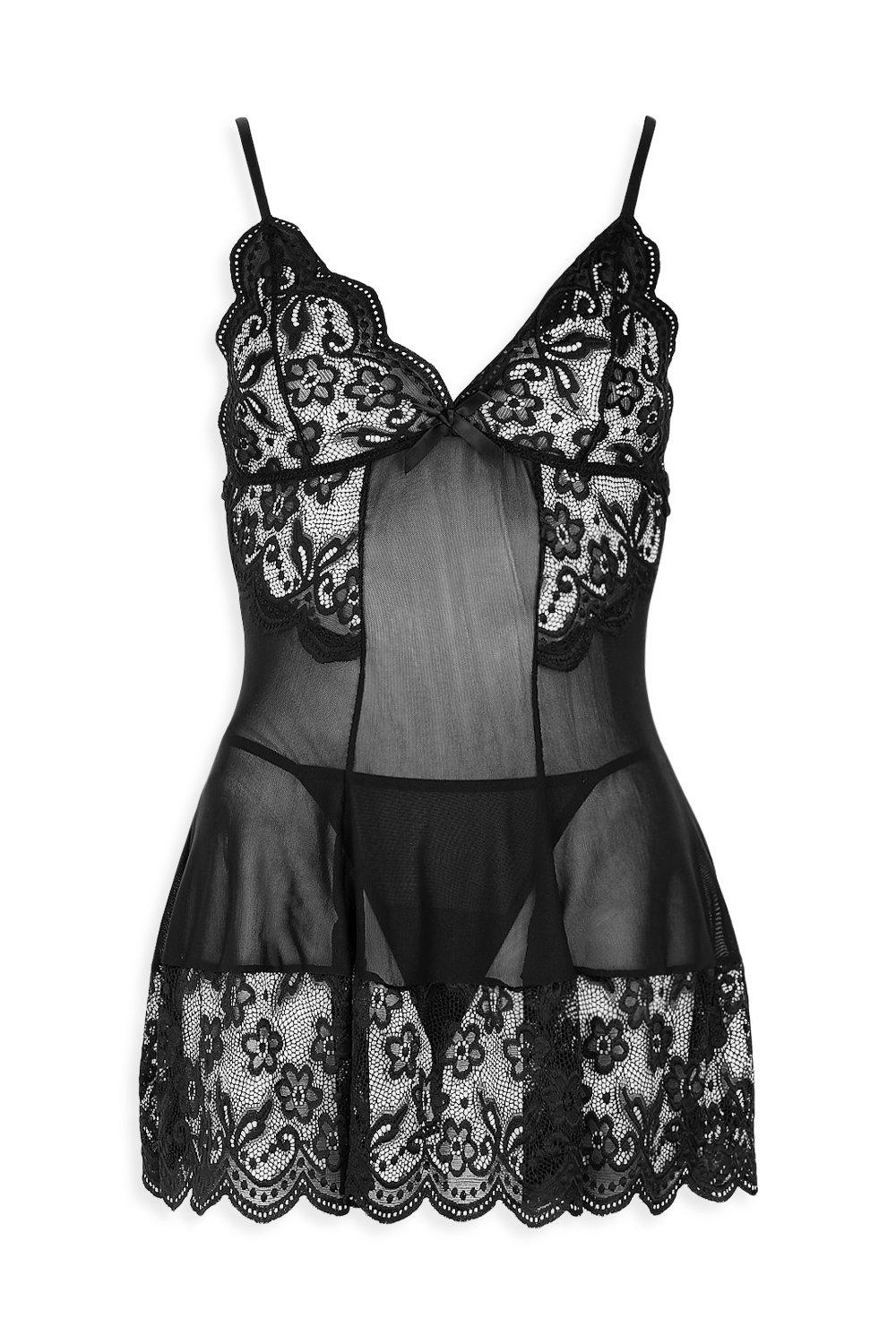 Embroidered Lace and Mesh Babydoll - Black