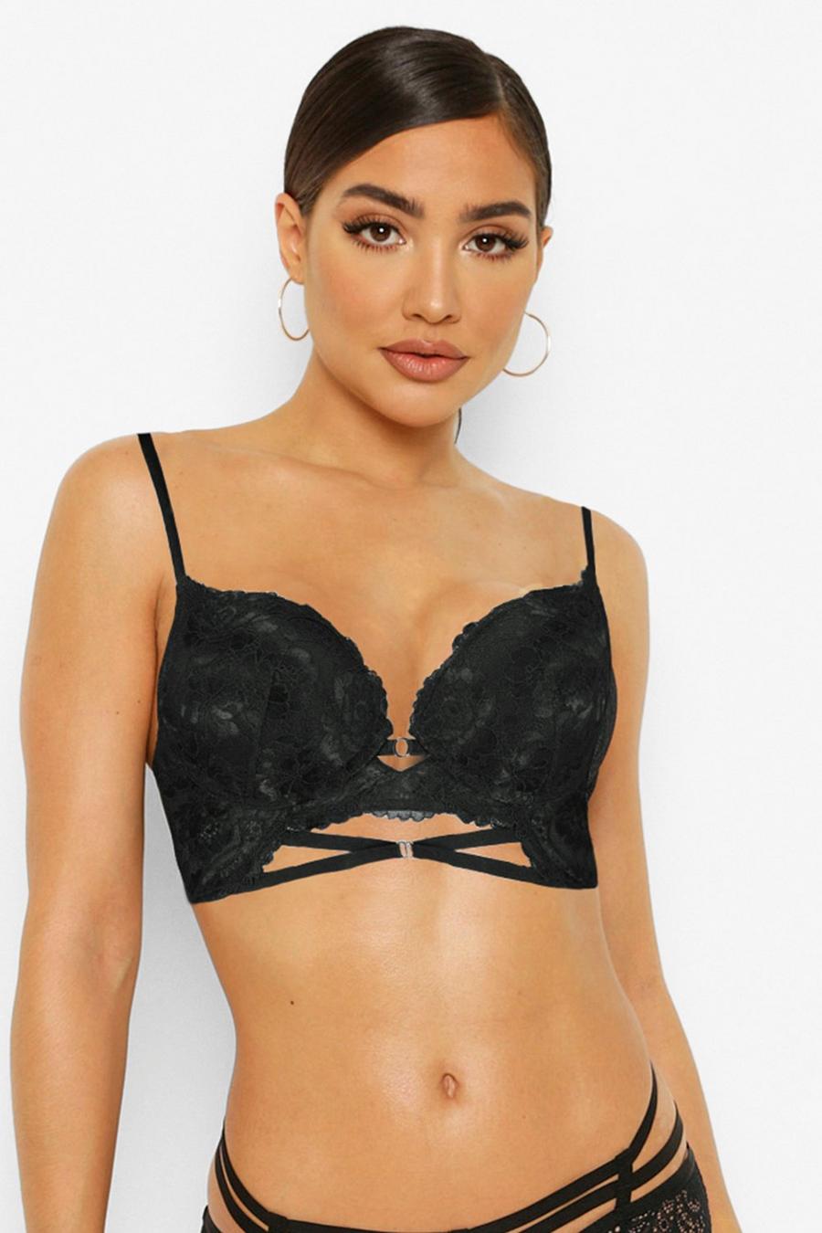Black svart Scallop Lace Strapping Super Push Up Bra image number 1