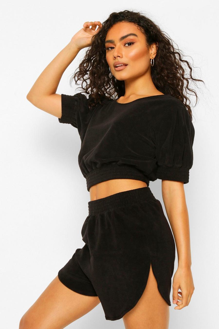 Black Mix N Match Towelling Puff Sleeve Crop image number 1