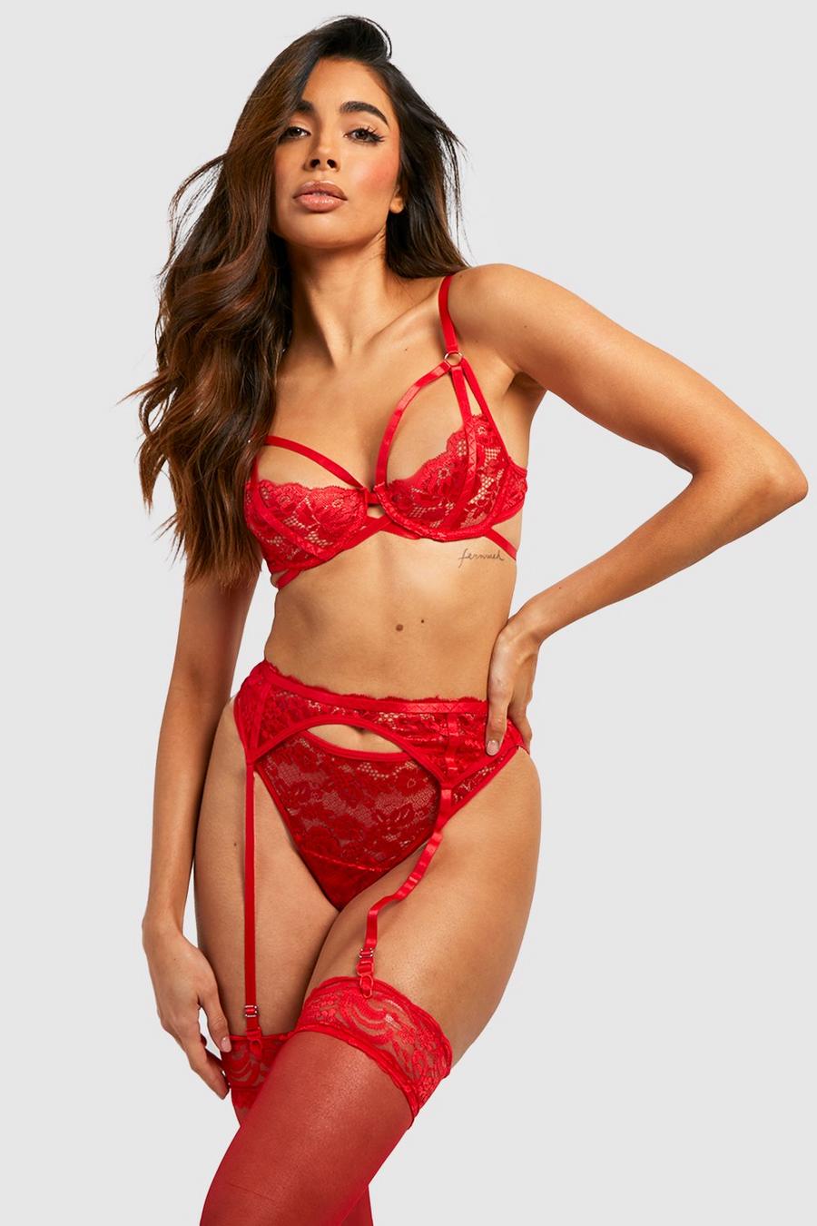Red Valentines Strapping Underwire Bra Thong and Suspender Set