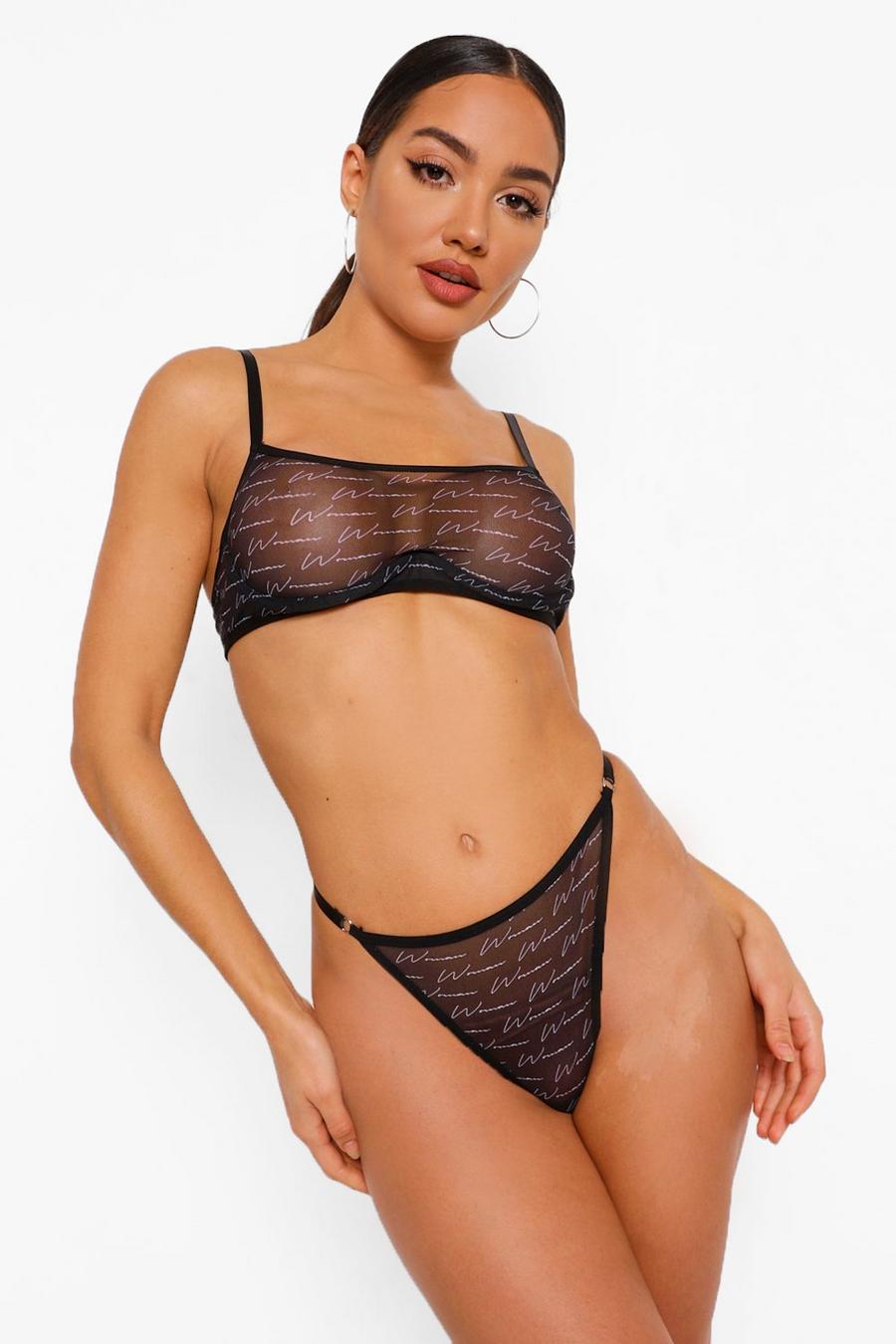 Black Woman Signature Mesh Underwire Bra and Thong Set image number 1