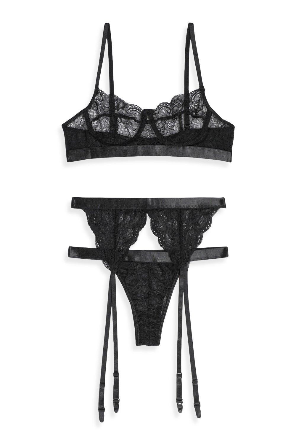 Lace Bra Thong and Suspender Set