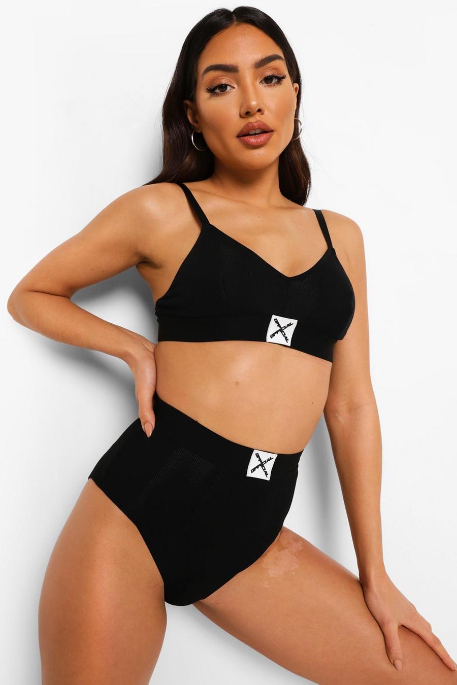 Braguitas de cintura alta en canalé con logotipo marca Woman, Negro image number 1