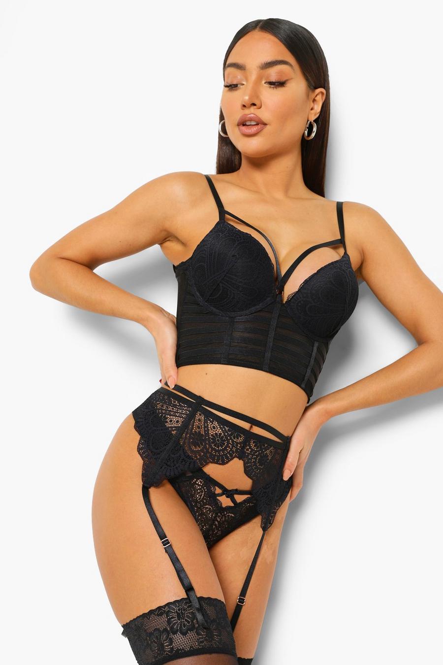 Black Layered Strapping Longline Super Push Up Bra image number 1