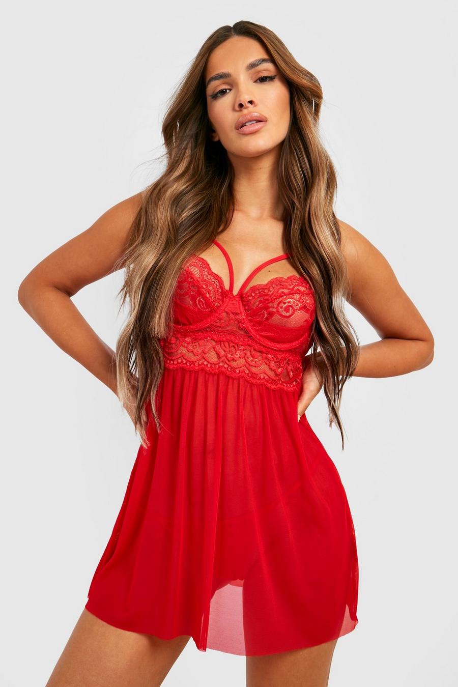 Red rot Strapping Lace Babydoll and String Set image number 1