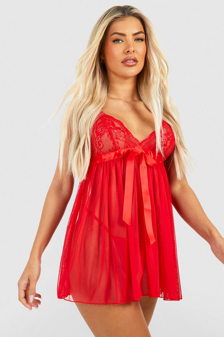 Red Valentines Pleated Bow Babydoll & String Set