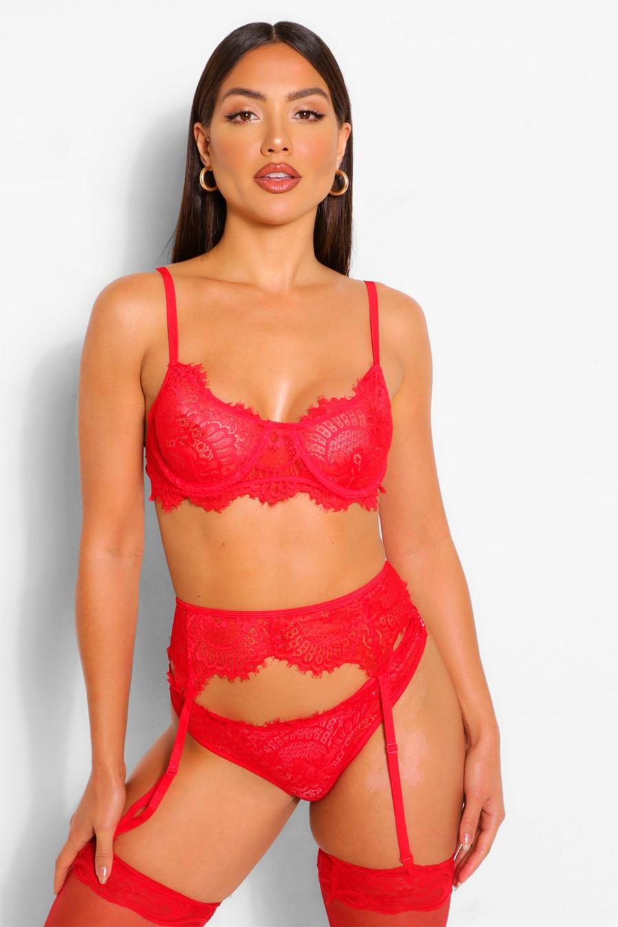 Red Eyelash Lace Underwire Bra, Suspender & Thong Set image number 1