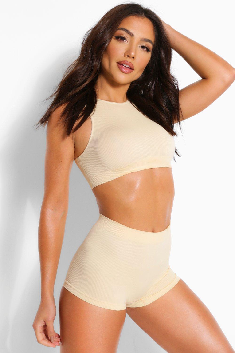Ribbed Seamless High-Neck Cropped Tank Top/Bra