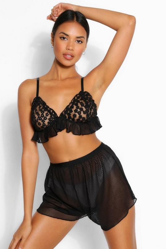Lace Pleated Bralette and Short Set