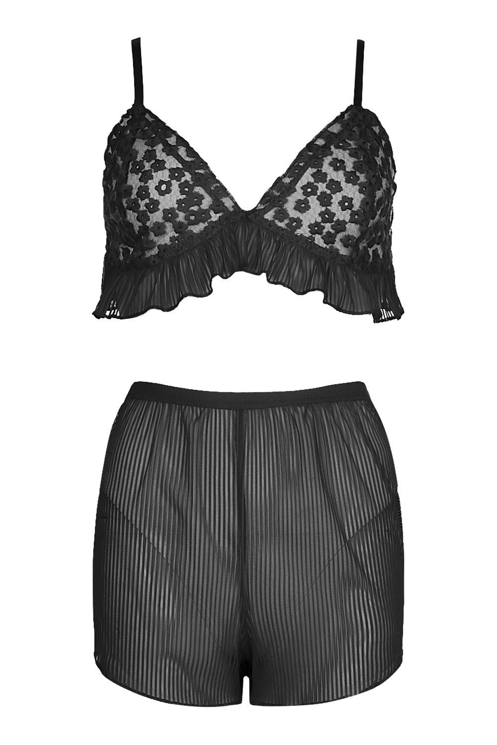 Lace Pleated Bralette And Short Set