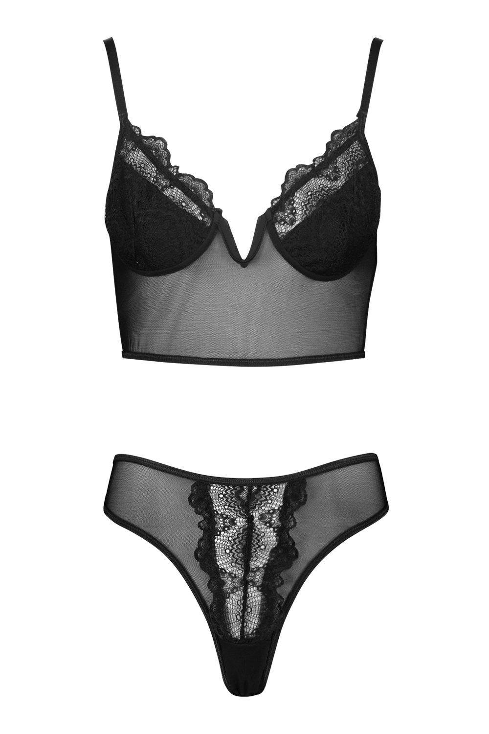 Lace & Mesh V-Wire Bralette - Black