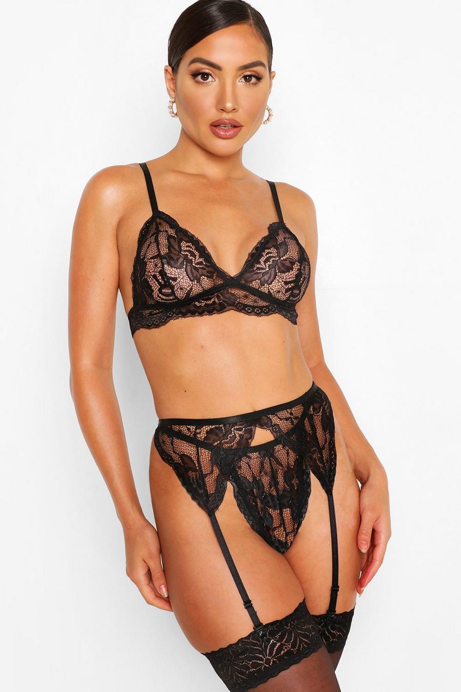 Scallop Lace Bralette Thong and Suspender Set image number 1