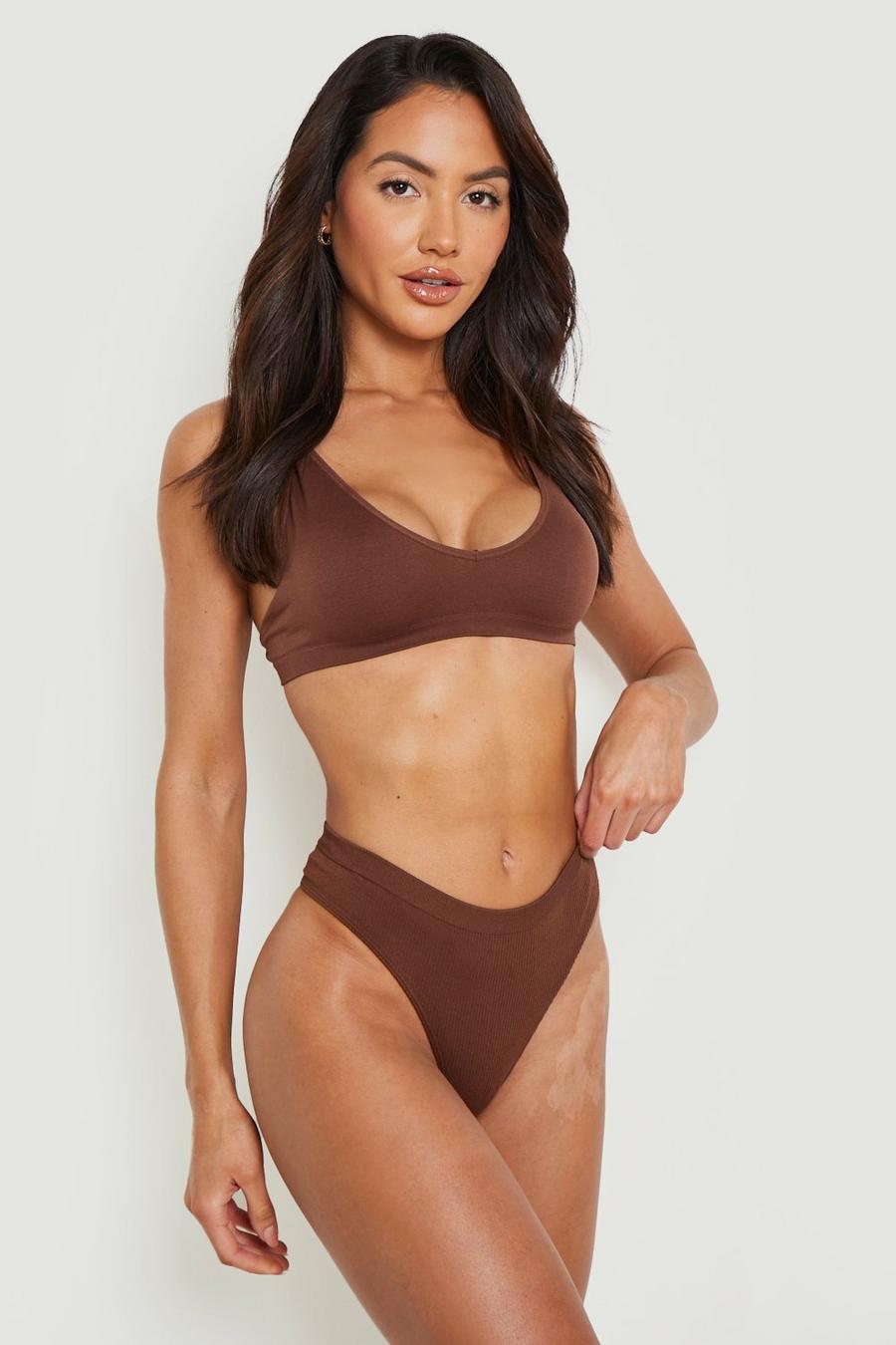 Chestnut brown Ribbed Seamless Thong image number 1