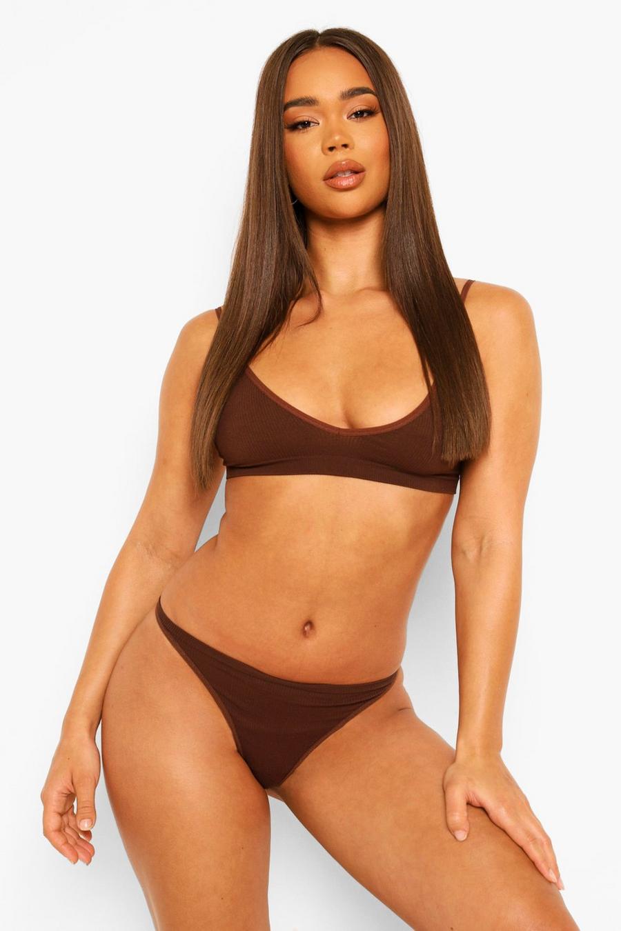 Chocolate Ribbed Seamless Triangle Bralet image number 1