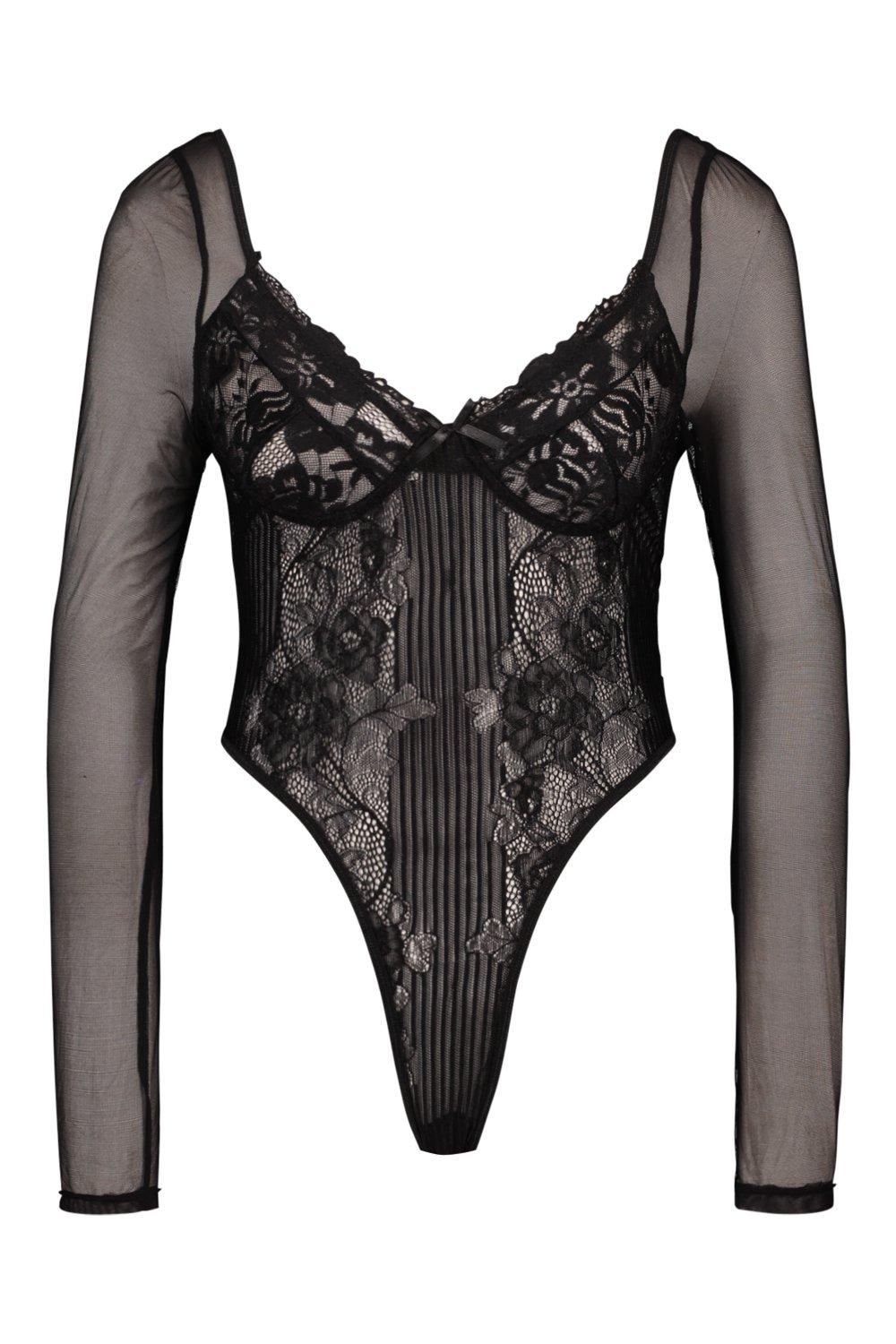 Women's Black Long Sleeve Lace Bodysuit