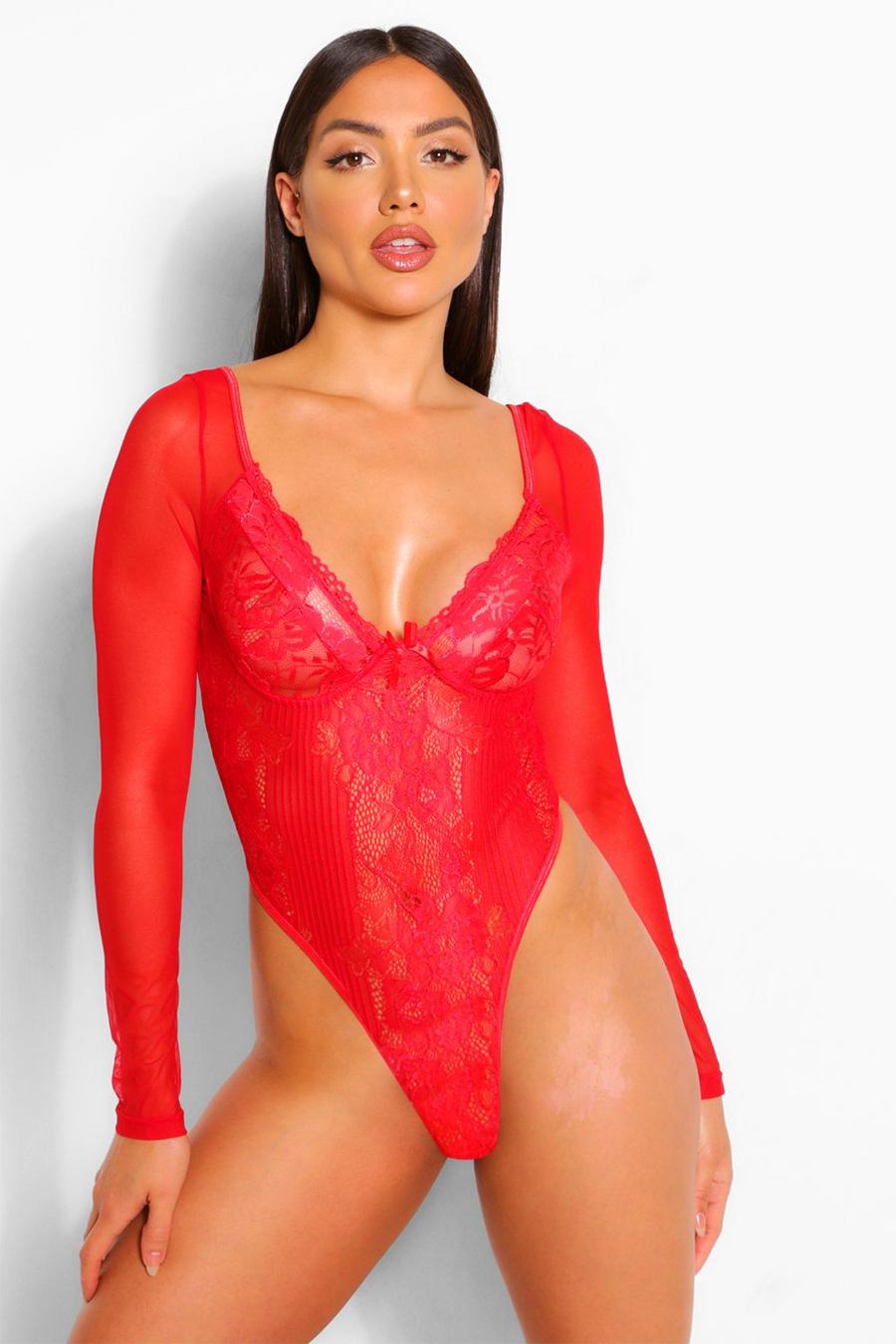 Red Long Sleeve Lace Bodysuit image number 1
