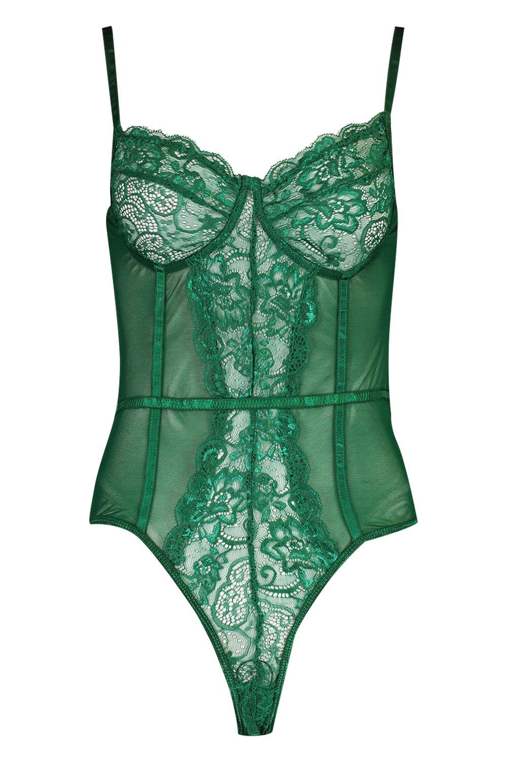 open lace bodysuit with ties and ring details without underwear - forest  green - Undiz