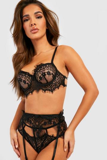 Black Eyelash Lace Bralette Suspender and Thong Set