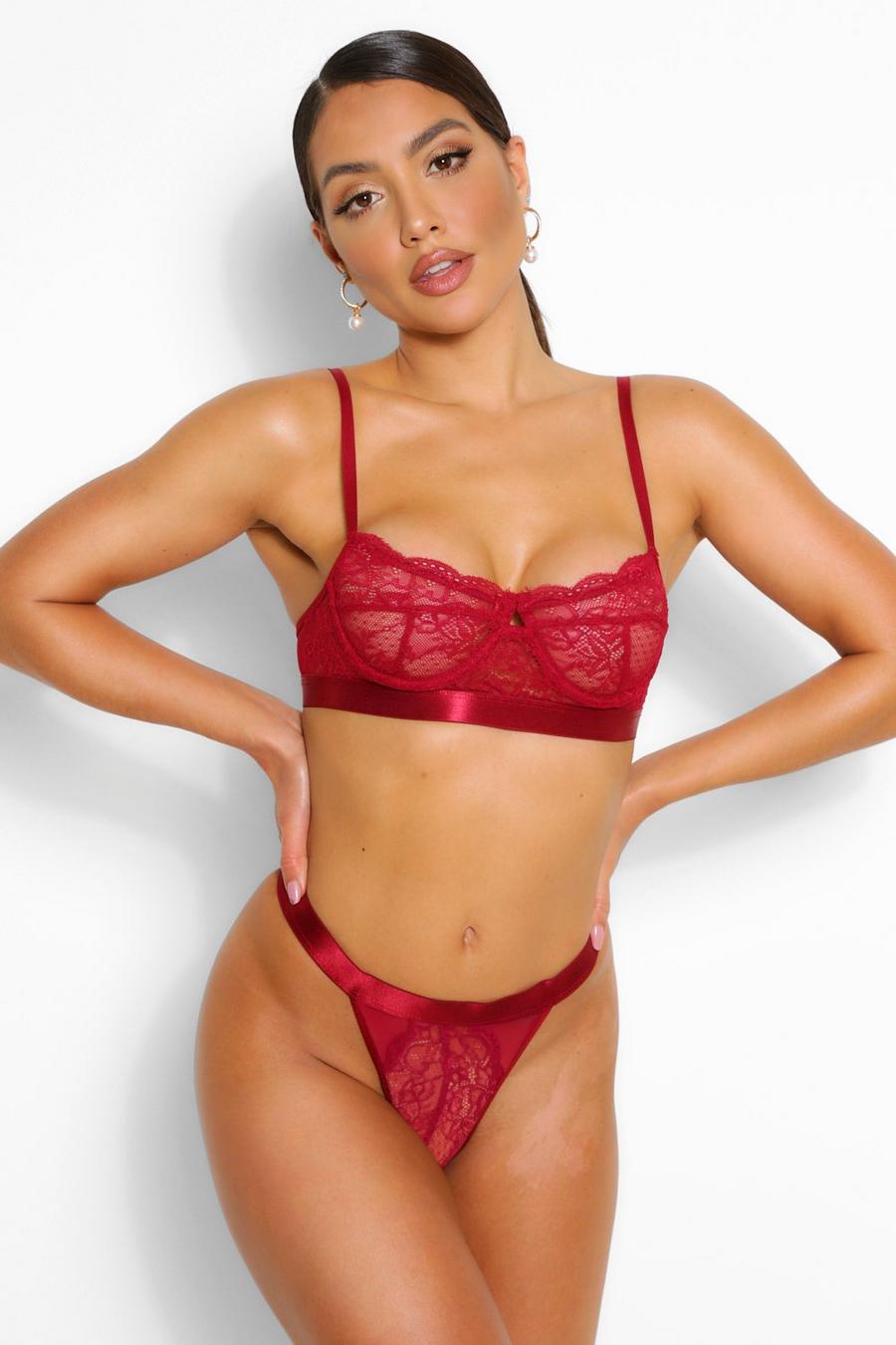 Wine Spot Mesh and Lace Bralet and Thong Set image number 1