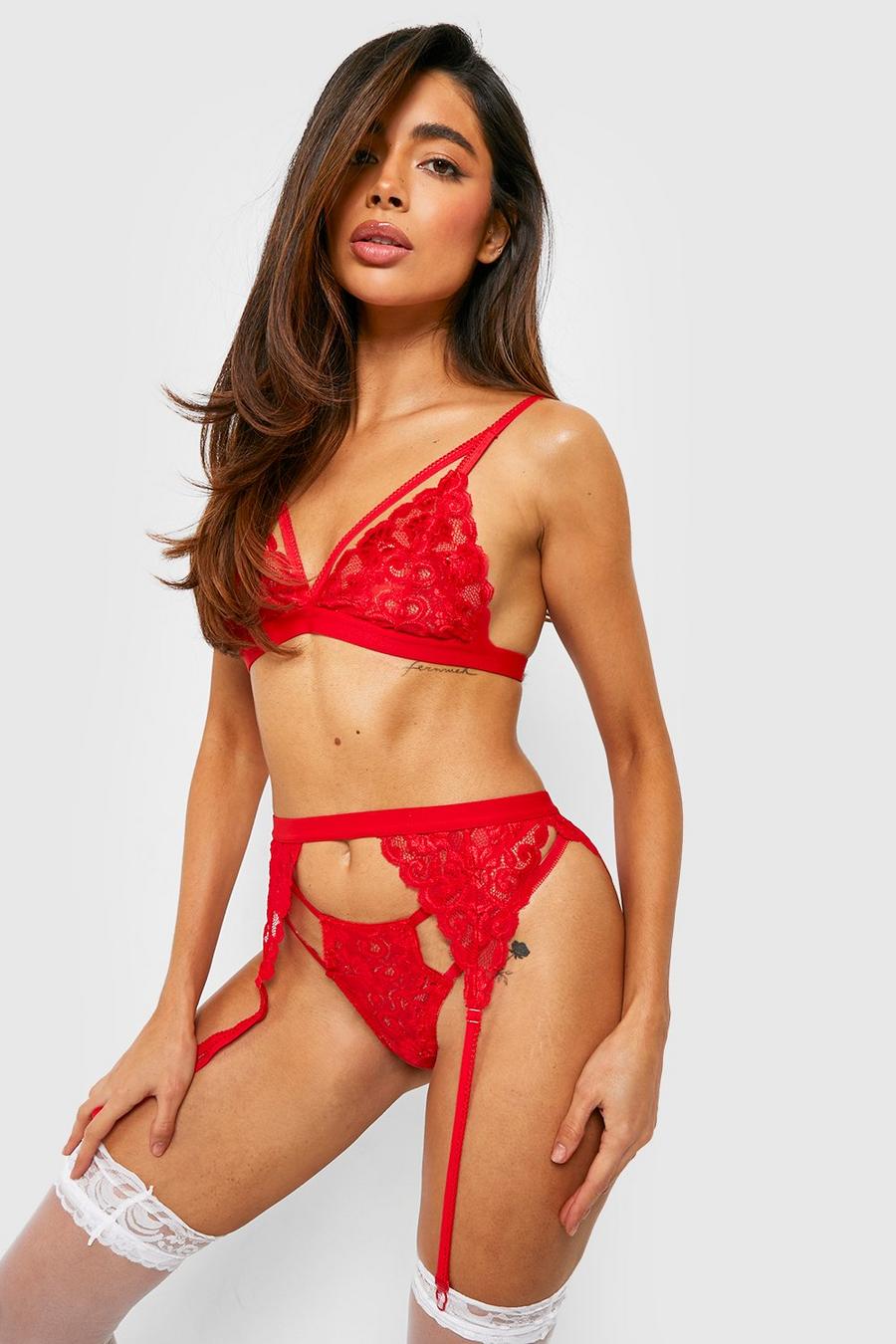 Red Strapping Lace Bralette Thong And Suspender Set image number 1