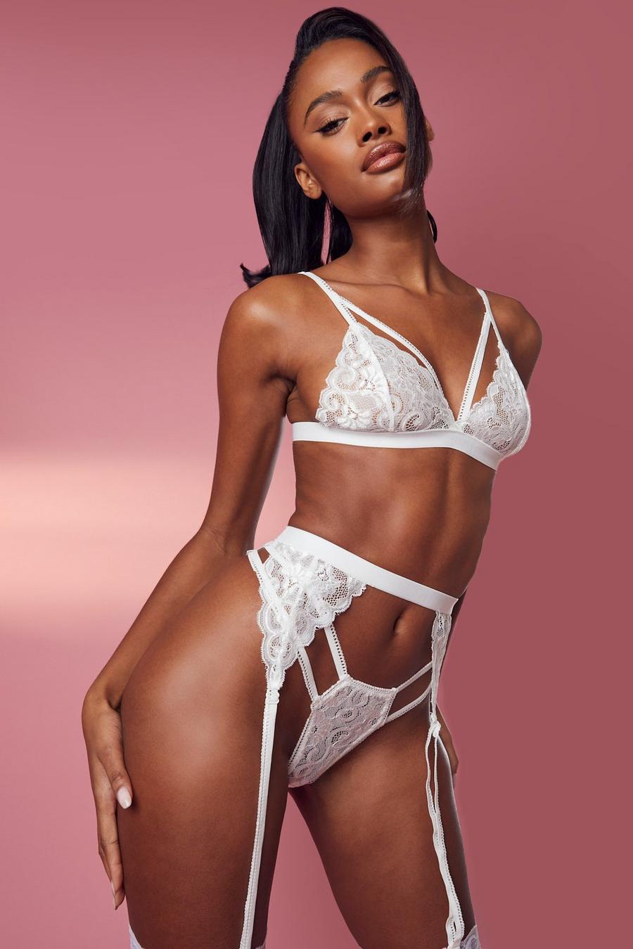 White Strapping Lace Bralet Thong and Suspender Set image number 1