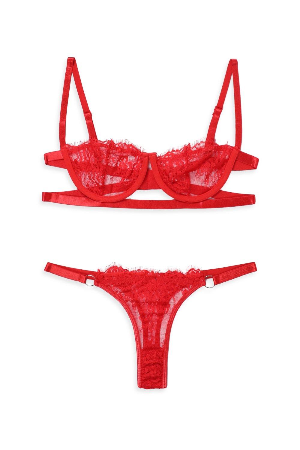 Boohoo Valentine's Lace Trim Balcony Bra And Thong Set in Red